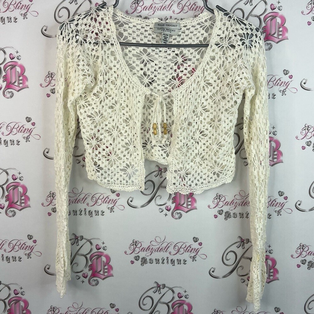 David brooks hand crochet long sleeve cardigan Women's Cream Crochet Top